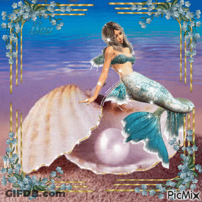 A Picture Of A Mermaid Sitting In A Shell With A Pearl In It GIF