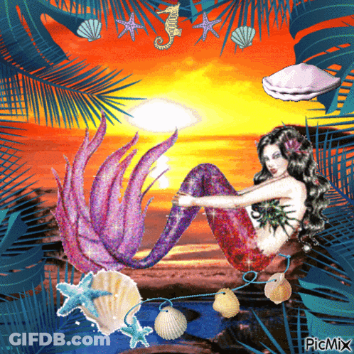 A Picture Of A Mermaid Sitting On A Beach With Seashells And A Seahorse GIF