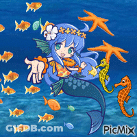 A Picture Of A Mermaid Surrounded By Fish And Seahorses With Picmix In The Bottom Right Corner GIF