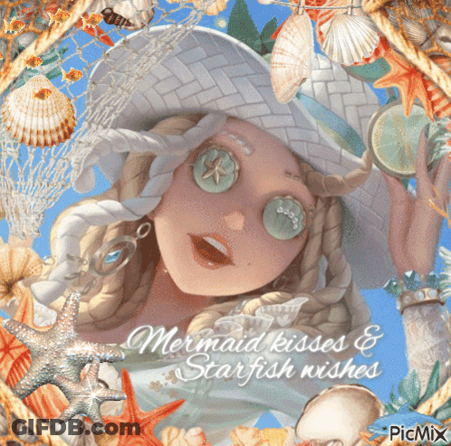 A Picture Of A Mermaid With The Words Mermaid Kisses & Starfish Wishes GIF