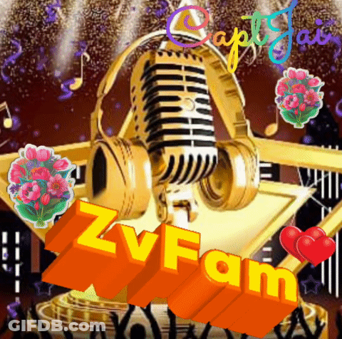 A Picture Of A Microphone And Headphones With The Name Zvfam On The Bottom GIF