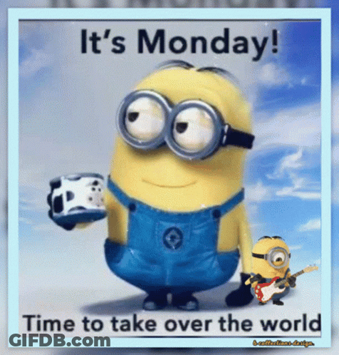 A Picture Of A Minion Holding A Cup Of Coffee Says It 'S Monday GIF