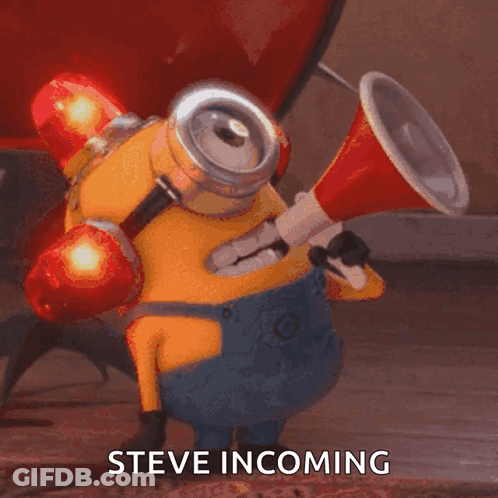 A Picture Of A Minion Holding A Megaphone With The Words Steve Incoming Below Him GIF