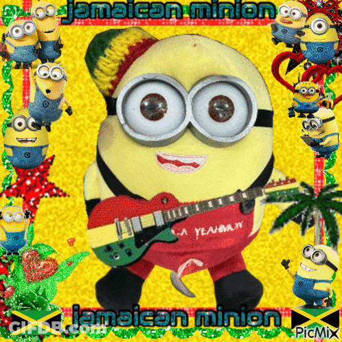 A Picture Of A Minion With A Guitar And The Words Jamaican Minion On The Bottom GIF