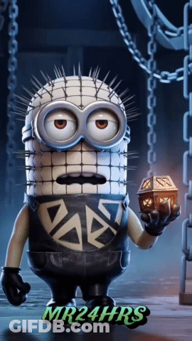 A Picture Of A Minion With Spikes On His Head And The Words Mr24hrs On The Bottom Right GIF