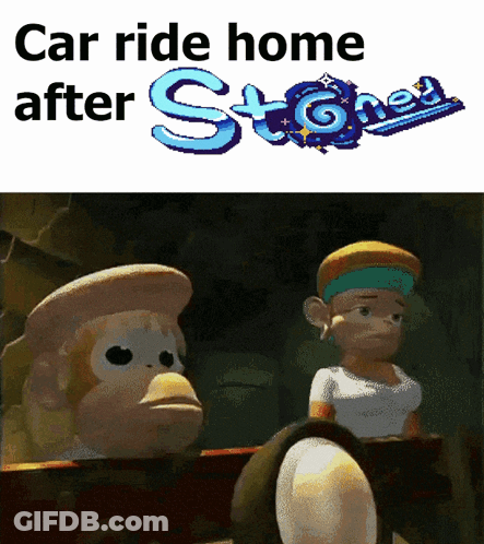 A Picture Of A Monkey And A Girl With The Words Car Ride Home After Stones GIF