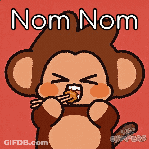A Picture Of A Monkey Eating Something With The Words Nom Nom Written Above It GIF