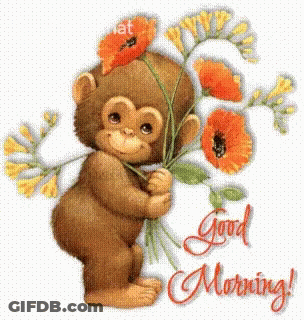 A Picture Of A Monkey Holding A Bouquet Of Flowers With The Words Good Morning Below It GIF