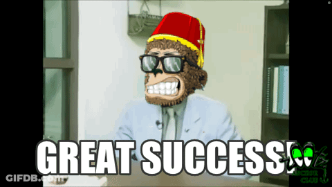 A Picture Of A Monkey Wearing Glasses And A Red Hat Says Great Success GIF
