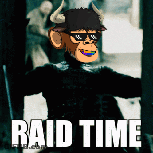 A Picture Of A Monkey Wearing Sunglasses And Horns With The Words Raid Time Below It GIF