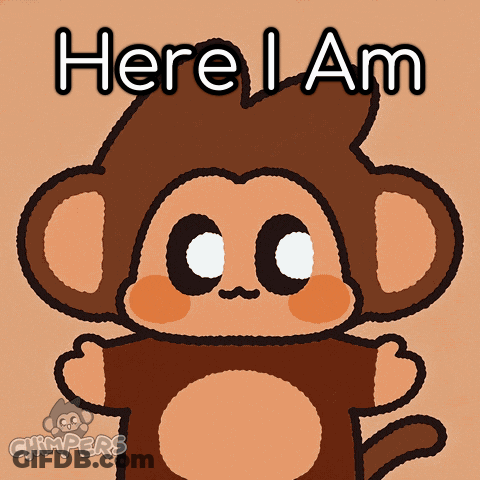 A Picture Of A Monkey With The Words Here I Am Below It GIF