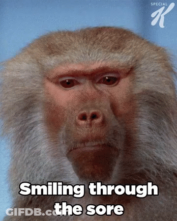 A Picture Of A Monkey With The Words Smiling Through The Sore On The Bottom GIF