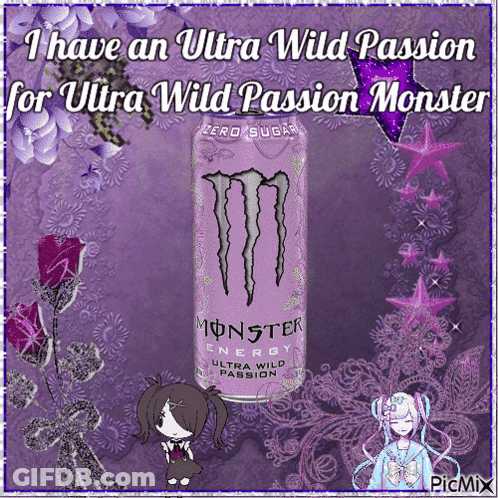 A Picture Of A Monster Energy Drink With A Purple Background GIF