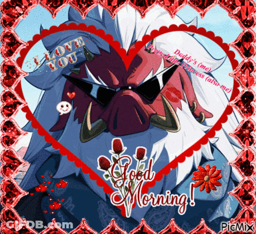 A Picture Of A Monster Wearing Sunglasses And A Heart Shaped Frame That Says Good Morning GIF