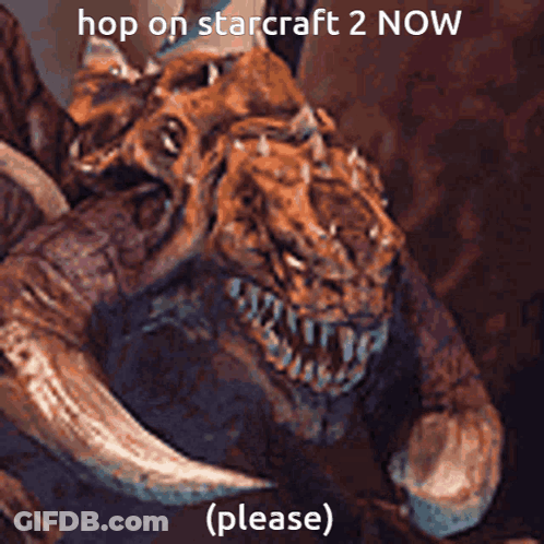 A Picture Of A Monster With Horns And The Caption Hop On Starcraft 2 Now GIF