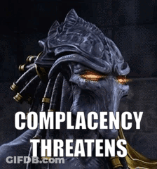 A Picture Of A Monster With The Words Complacency Threatens Below It GIF