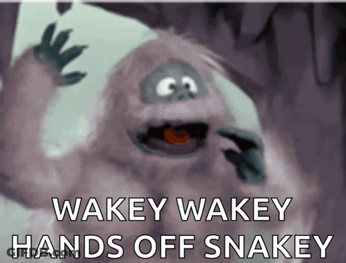 A Picture Of A Monster With The Words Wakey Wakey Hands Off Snakes GIF