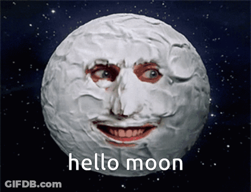 A Picture Of A Moon With A Face And The Words Hello Moon On It GIF