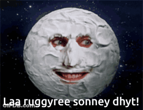 A Picture Of A Moon With A Face On It And The Words Laa Ruggeree Sonney Dhyt GIF