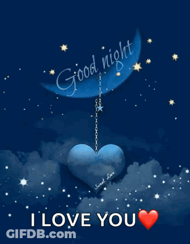A Picture Of A Moon With A Heart Hanging From It And The Words " Good Night I Love You " GIF