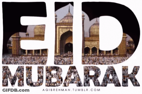 A Picture Of A Mosque With The Words Eid Mubarak GIF