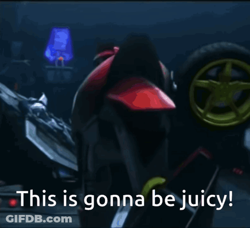 A Picture Of A Motorcycle With The Words " This Is Gonna Be Juicy " Below It GIF