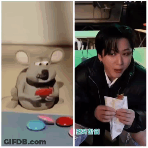 A Picture Of A Mouse And A Picture Of A Person Eating A Sandwich GIF