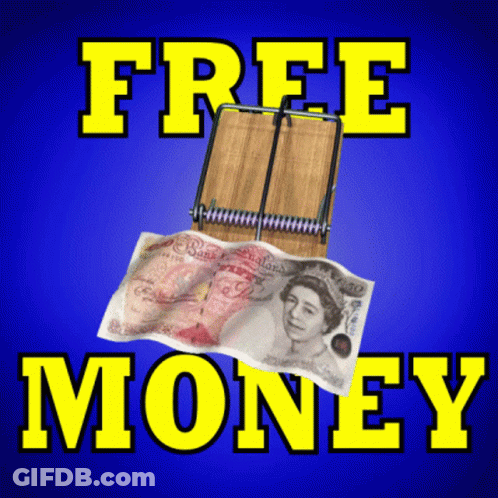 A Picture Of A Mousetrap With Money In It And The Words Free Money Above It GIF