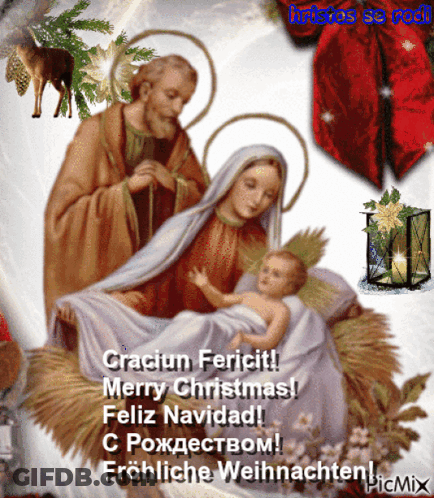 A Picture Of A Nativity Scene Says Merry Christmas Feliz Navidad GIF