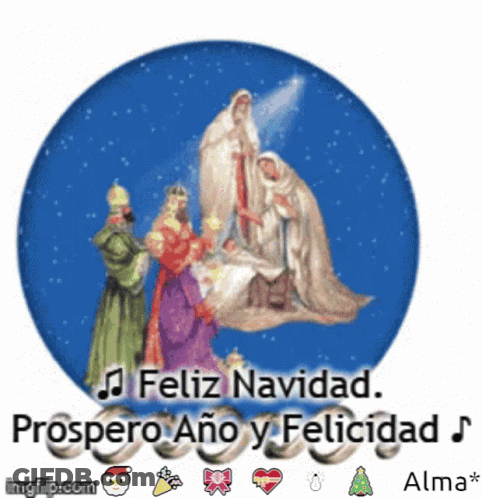 A Picture Of A Nativity Scene With The Words Feliz Navidad Prospero Ano Y Felicidad On It GIF