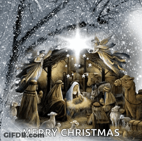 A Picture Of A Nativity Scene With The Words Merry Christmas Above It GIF