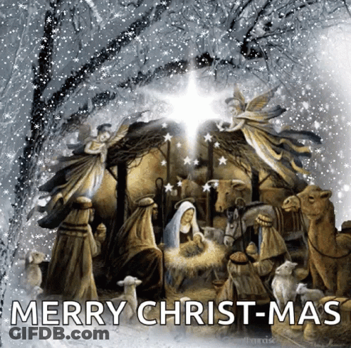 A Picture Of A Nativity Scene With The Words Merry Christmas GIF