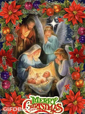 A Picture Of A Nativity Scene With The Words Merry Christmas On The Bottom GIF