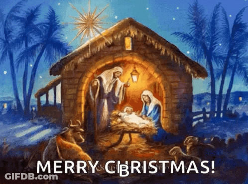 A Picture Of A Nativity Scene With The Words Merry Christmas GIF