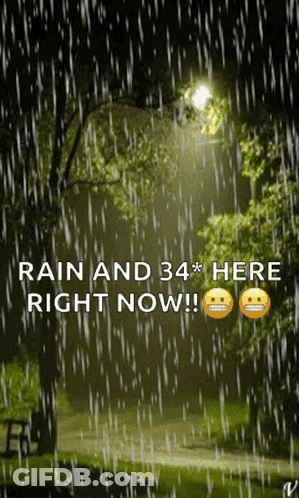 A Picture Of A Park In The Rain With The Words Rain And 34 * Here Right Now GIF