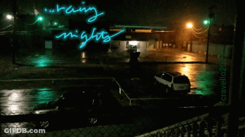 A Picture Of A Parking Lot At Night With The Words Raining Nights Written On It GIF