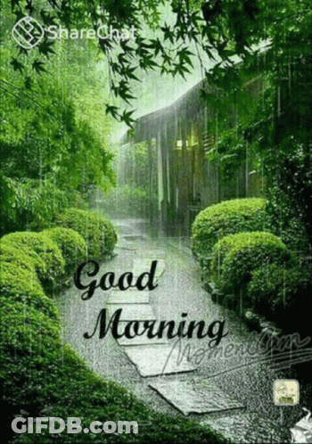 A Picture Of A Path In The Rain With The Words `` Good Morning '' Written On It GIF