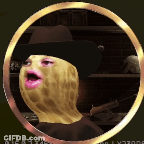 A Picture Of A Peanut Wearing A Cowboy Hat With A Gold Ring Around It GIF