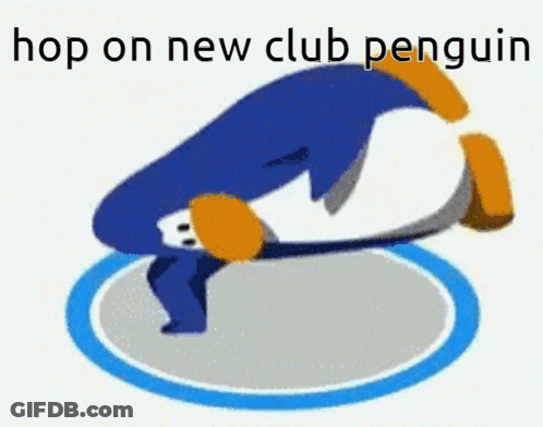 A Picture Of A Penguin Doing A Handstand With The Words Hop On New Club Penguin Below It GIF