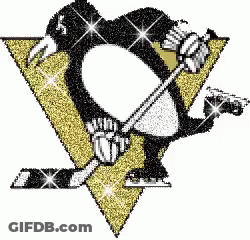 A Picture Of A Penguin Holding A Hockey Stick In A Triangle GIF