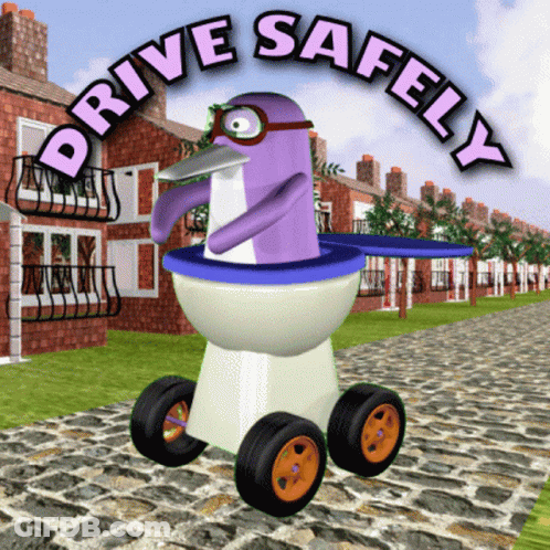 A Picture Of A Penguin In A Toilet With The Words Drive Safely Above It GIF