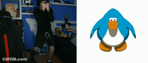 A Picture Of A Penguin Next To A Picture Of A Man GIF