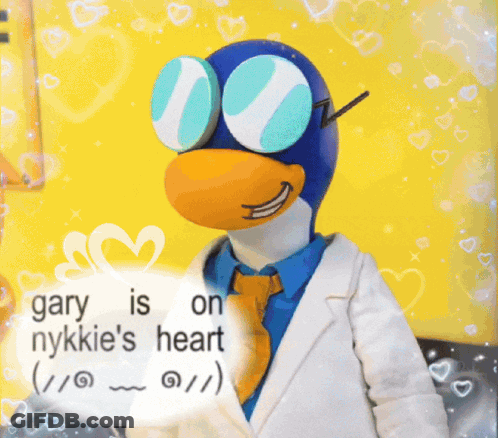 A Picture Of A Penguin Wearing Sunglasses And A White Coat With The Words Gary Is On Nykkie 'S Heart GIF