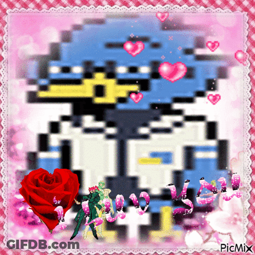 A Picture Of A Penguin With Hearts And A Red Rose With The Words Picmix Below It GIF