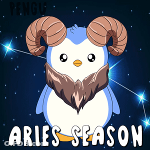 A Picture Of A Penguin With Horns And The Words Aries Season Below It GIF
