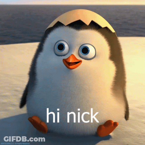 A Picture Of A Penguin With The Words Hi Nick Below It GIF
