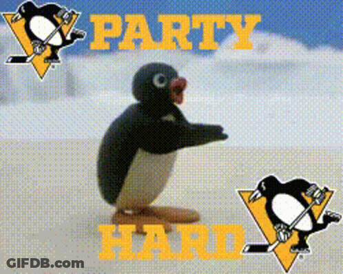 A Picture Of A Penguin With The Words Party Hard On The Bottom GIF