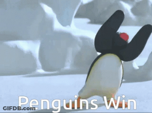 A Picture Of A Penguin With The Words " Penguins Win " On The Bottom GIF