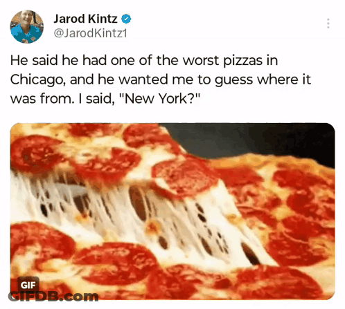 A Picture Of A Pepperoni Pizza With Cheese Coming Out Of It And A Tweet From Jarod Kintz GIF