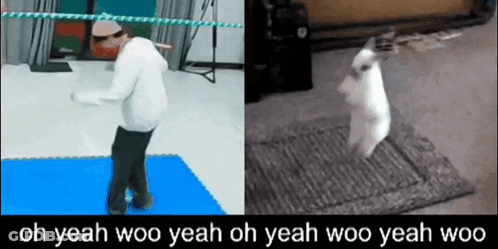 A Picture Of A Person Dancing Next To A Picture Of A Rabbit That Says Oh Yeah Woo GIF